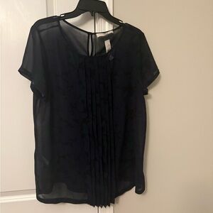 LOFT Navy Sheer Short Sleeve Pleated Front Blouse